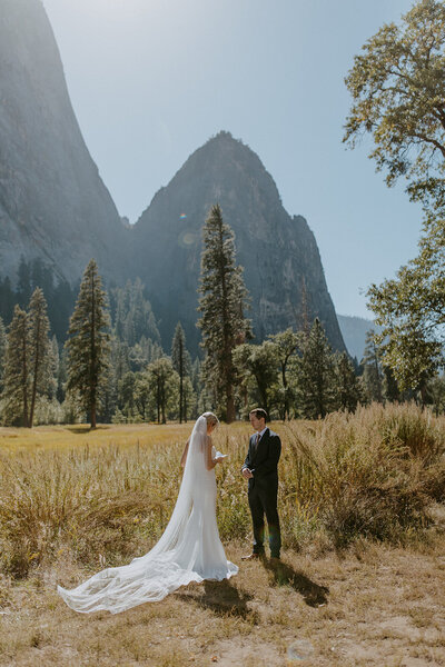 bride and groom exchange vows in yosemite valley during elopement