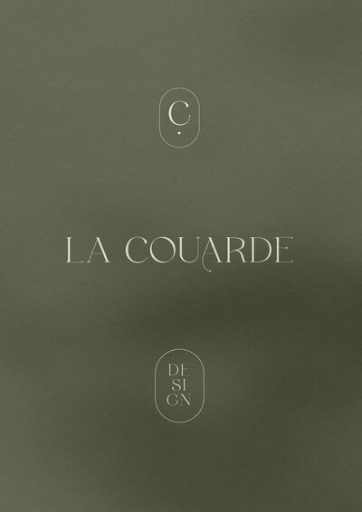 La Couarde semi custom brand logo design in an elegant style, ivory on a sage green background.