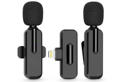 A pair of compact black wireless Bluetooth mini microphones with foam covers and a lightning connector receiver. Ideal for recording clean audio directly to an iPhone, perfect for vlogs, interviews, or reels.