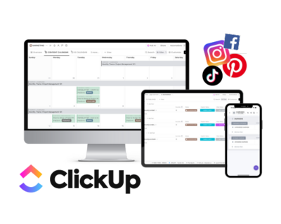 Mockup showcasing ClickUp's content calendar on a desktop monitor, tablet, and smartphone. The calendar interface displays scheduled tasks, color-coded for easy management. Social media platform icons (Instagram, Facebook, TikTok, and Pinterest) appear to emphasize content planning. ClickUp's logo is prominently displayed below.