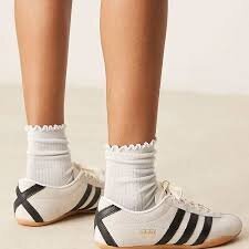 Adidas Tokyo sneakers in cream with black stripe low rise paired with ankle socks