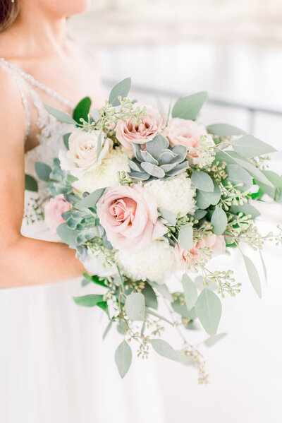 blush and white cascade style bridal bouquet
