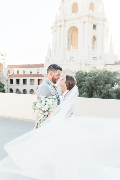 Bride and groom walk up memorial steps at their DC wedding