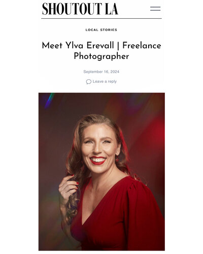 Screenshot of Shout Out LA article featuring Ylva Erevall with a bright smile, wearing a colorful top.