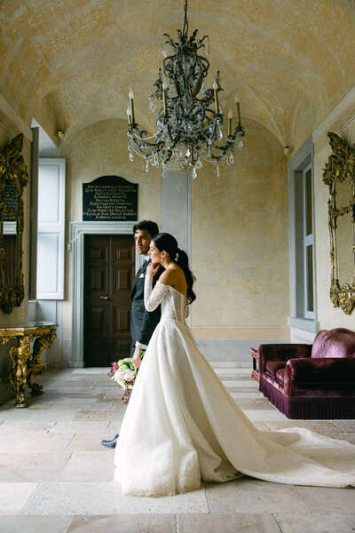 A wedding photo of the couple at Villa Balbiano on Lake Como in Italy