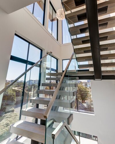 Modern glass staircase in Figure 8, NC. 