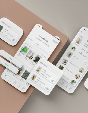 Flatlay der mobilen Version mehrerer Mockups einer Pflanzen  App