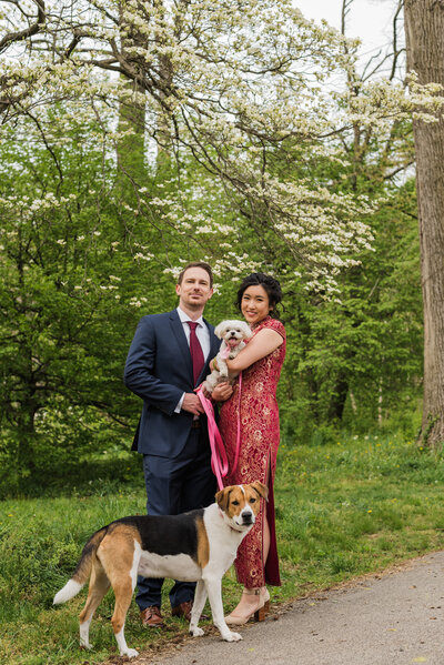 A couple in a red dress and blue suit standing outdoors with their two dogs in front of large trees.