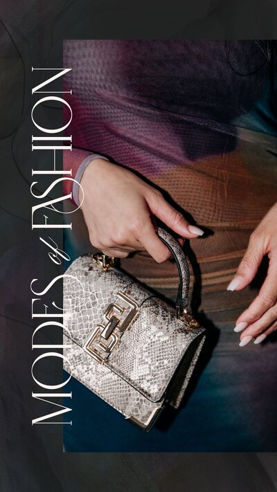 Photo of a woman's hands holding a snakeskin purse with the Modes of Fashion logo next to the image