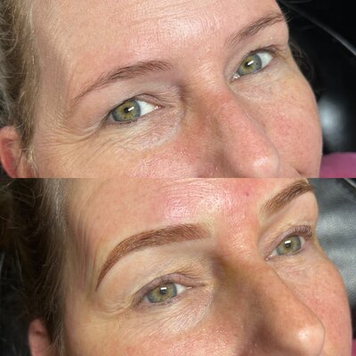 Before and after image of fresh powder brows permanent makeup ombre brow tattoo performed by Brittney from Syked about beauty. Woman has green eyes and light hair with fair skin