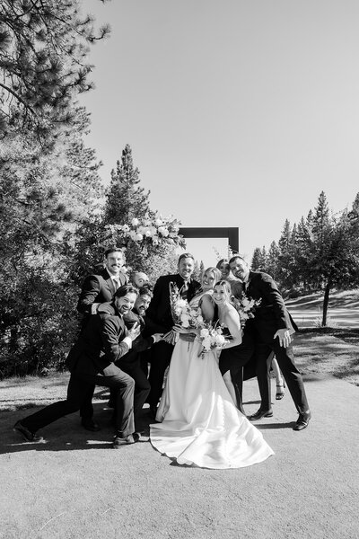 A portrait of the bridal party at a Lake Tahoe wedding