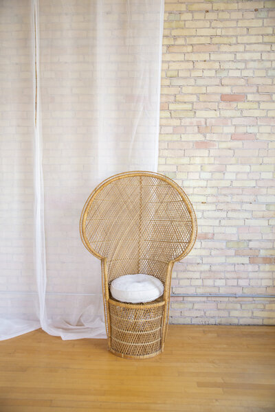 A barrel bottom peacock chair with a white cushion.