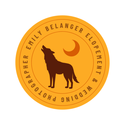 Yellow circle badge with maroon wolf howling at an orange crescent moon encircled by maroon text stating "Emily Belanger Elopement & Wedding Photographer"