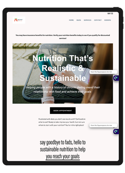 Website design layout for a nutrition site featuring healthy food images and informative sections on diet and wellness.