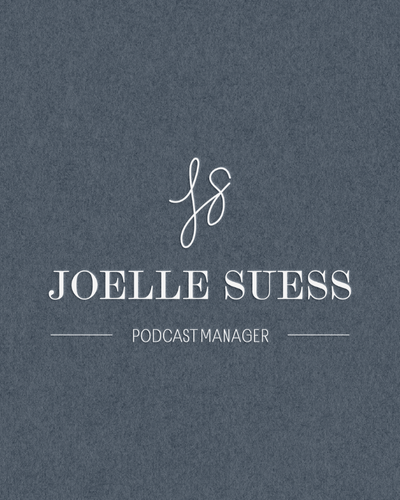 Custom monogram design for Joelle Suess, a podcast manager, featuring elegant hand-drawn initials on a navy textured background.