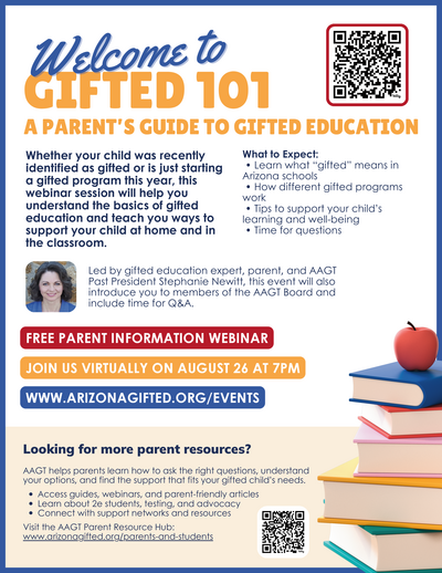 Flyer for 2025 Arizona Association for the Gifted and Talented's back to school webinar, Gifted101