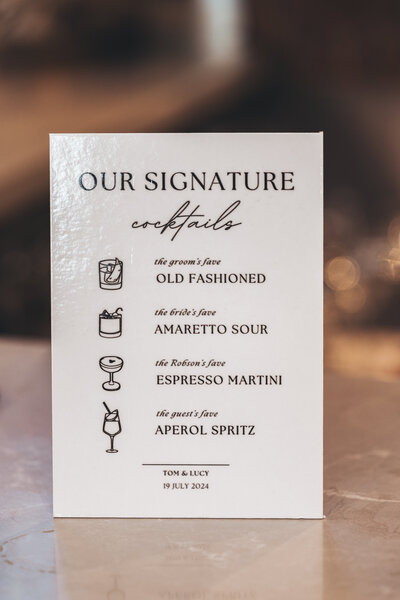 A5 wedding signature cocktail menu sign