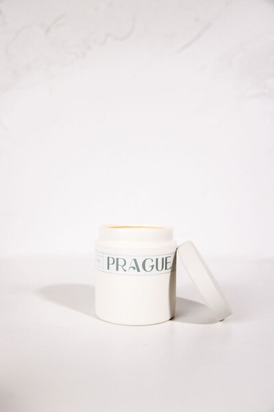 Prague travel themed candle with wood wick and natural soy in a reusable container