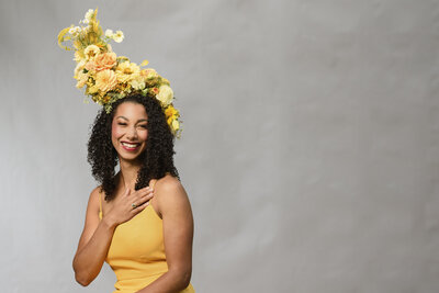 Model wearing yellow floral headpiece in Victoria, BC. Photo by Helene Cyr - Fleuris Studio & Blooms