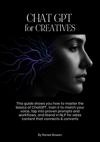 cover page and image for a free guide all about how to best use chat gpt as a creative and photographer; featuers a black and white image of a woman in profile with blue and pink graphics over her head to simulate ai