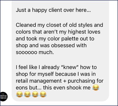 Screenshot of a client testimonial describing how color analysis helped them clean out their closet and shop confidently