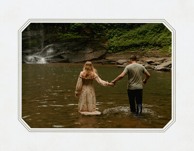 A couple poses for their engagement session at a waterfall.