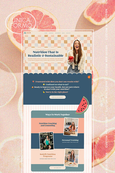 Fun website design featuring a watermelon and a smiling woman, promoting nutrition and healthy eating tips.