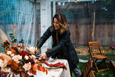 Wedding planner styling fall wedding table inside clear-top tent!