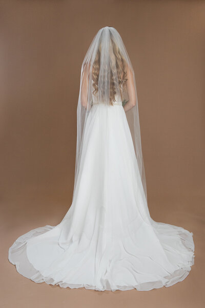 Bride wearing a floor length veil with scattered crystals in an ombre pattern