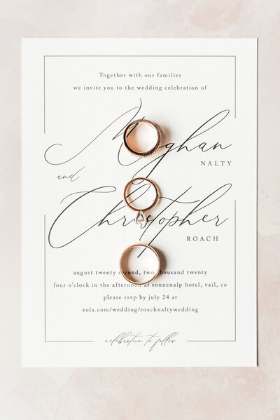 A beautiful wedding invitation with three wedding rings lined up in a row on top of the invitation.