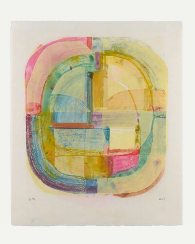 'Spiral Variée: Prism' by Anna Kunz – a monotype with soap ground and sugar lift etching on sekishu paper, measuring 26 x 22 inches.