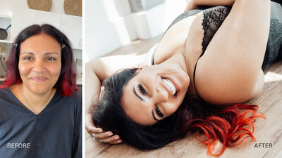 Transformation photo showing a boudoir client before and after makeup & hair styling