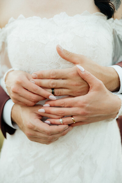 A couple sliding on each other's wedding bands.