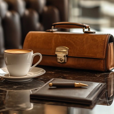 Elegant table setting with coffee, briefcase, and notebook—ready for planning your next move