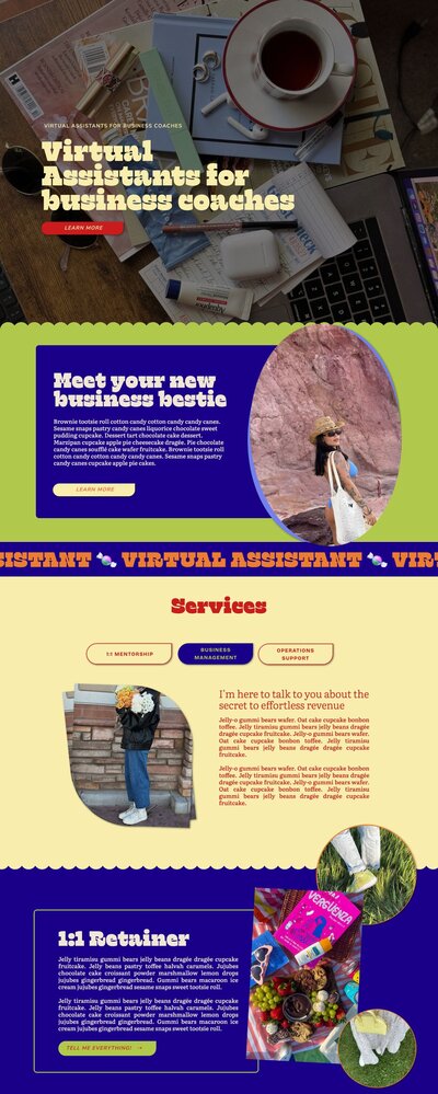 Angled screenshot mockup showing the “after” design for a website built with the Palm Springs Showit Template. The page features warm, retro-inspired colors with playful flower graphics, clean sections, and bold typography. The layout highlights a laptop mockup with the heading “Business Manager,” followed by service sections, lifestyle photography, and a marketing strategy feature. The image overlaps slightly with the “before” sales page to show the transformation from outdated to elevated design.