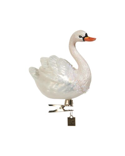 Glittery glass white swan Christmas ornament with clip-on base for easy tree attachment.