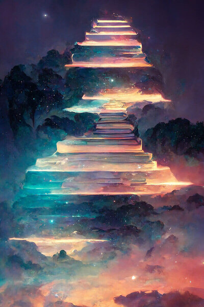 A dreamy, glowing staircase floats upward through a colorful, celestial sky filled with stars and mist, symbolizing spiritual ascent or awakening.