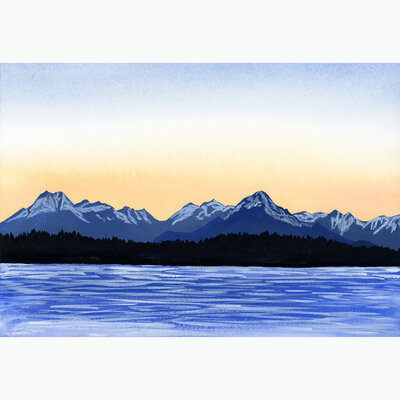 Gouache painting of the Olympic Mountains at sunset as viewed from Golden Gardens in Seattle by artist Amy Duffy