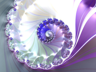 An iridescent spiral fractal in soft shades of purple, violet, silver and white.