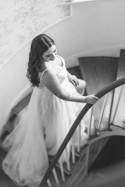 Stairway Bridal Portraits captured by a Savannah Photographer during wedding.
