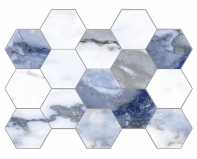 Blue and white marble-like hexagonal tile.