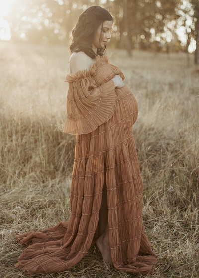 Beautiful mum-to-be posing for her Sydney photoshoot at sunset in an amazing brown gown.