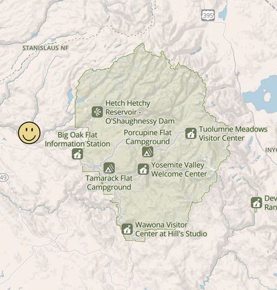 A map of yosemite showing how  close Love Wildly is to the park.