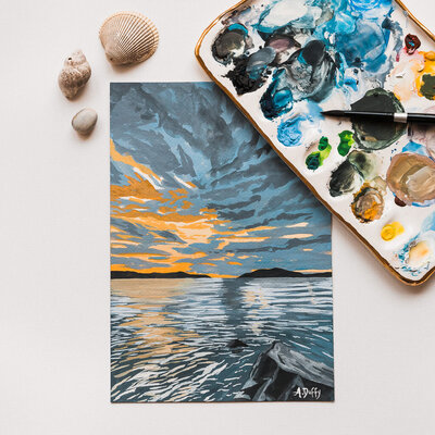 Gouache painting of dusk on the ocean near Port Angeles, Washington by surf artist Amy Duffy and palette by Pottery by Eleni