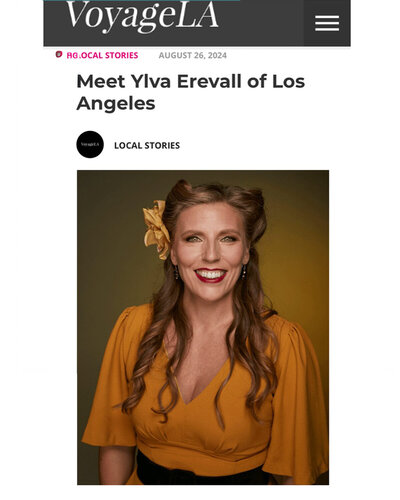 Screenshot of VoyageLA article featuring Ylva Erevall in a golden-yellow top, smiling warmly.