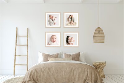 Wall art collection of three rows of three newborn portraits from portland Baby Milestone Portrait Photography session.