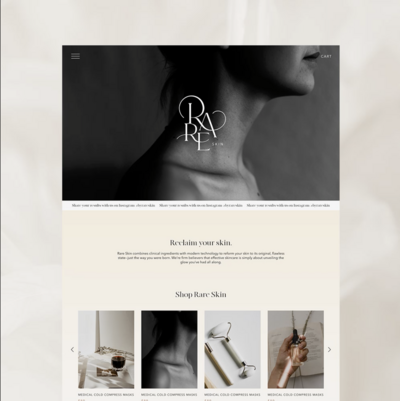 Rare Skin brand design and website design and packaging