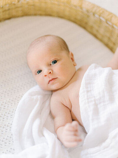 Awake newborn in moses basket and white swaddle staring at camera taken by photographer Little Rock Bailey Feeler