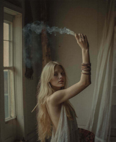 A woman with long blonde hair holds up a smoking incense stick near a window in a dimly lit room, wearing a loose, sleeveless garment and bracelets—capturing the tranquil vibe of Sweet Pea Ink Creative’s approach to brand design.