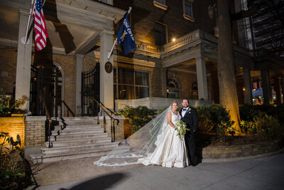 Bride and Groom outside Capital City Club Downtown